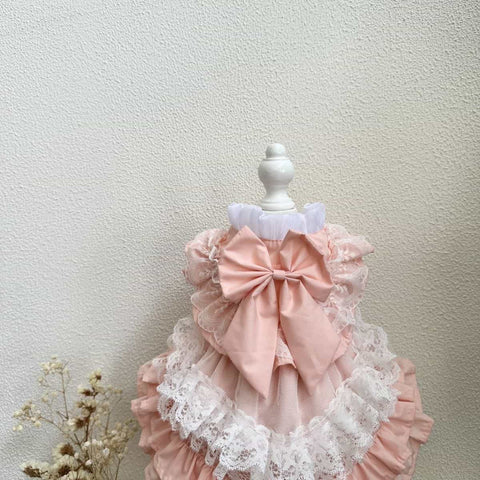 Customizable Sweet Pet Dress in Soft Pink with Lace Ruffles and a Large Bow