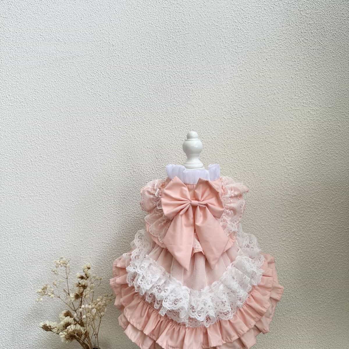 Customizable Sweet Pet Dress in Soft Pink with Lace Ruffles and a Large Bow