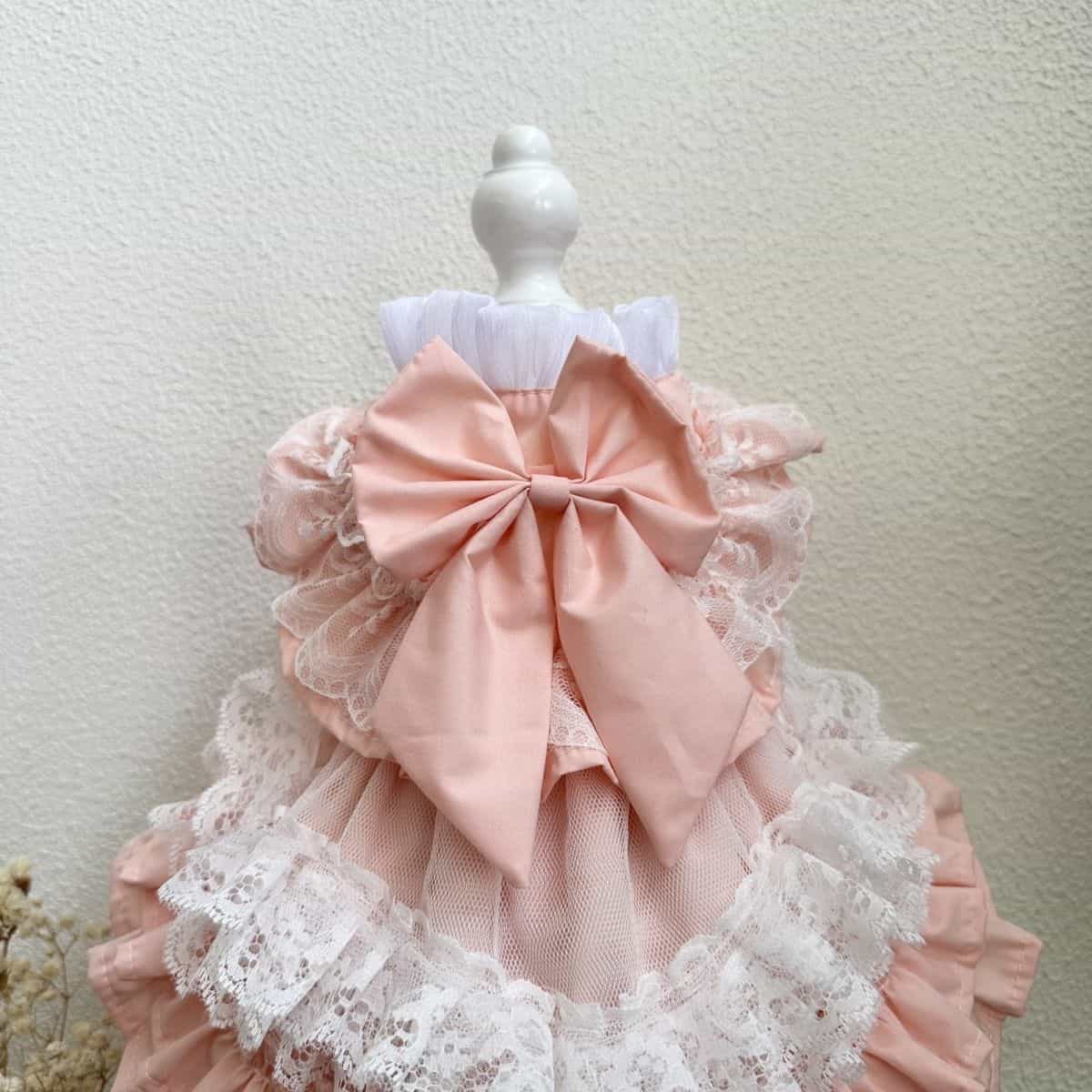 Customizable Sweet Pet Dress in Soft Pink with Lace Ruffles and a Large Bow