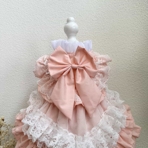Customizable Sweet Pet Dress in Soft Pink with Lace Ruffles and a Large Bow