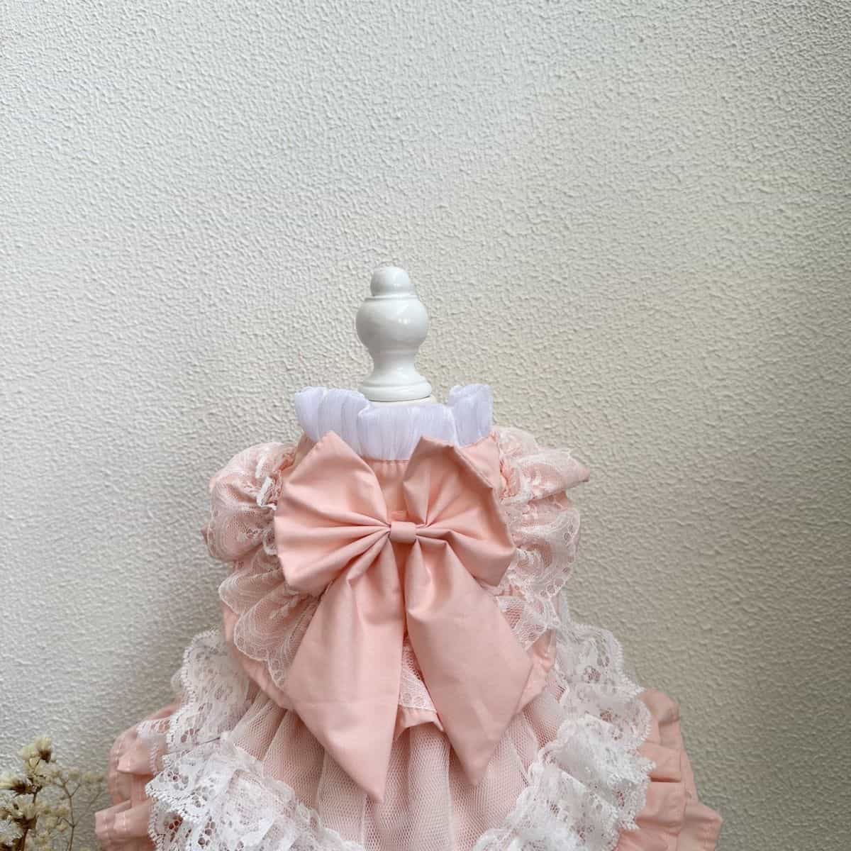 Customizable Sweet Pet Dress in Soft Pink with Lace Ruffles and a Large Bow