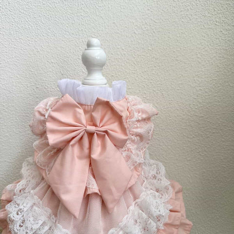 Customizable Sweet Pet Dress in Soft Pink with Lace Ruffles and a Large Bow