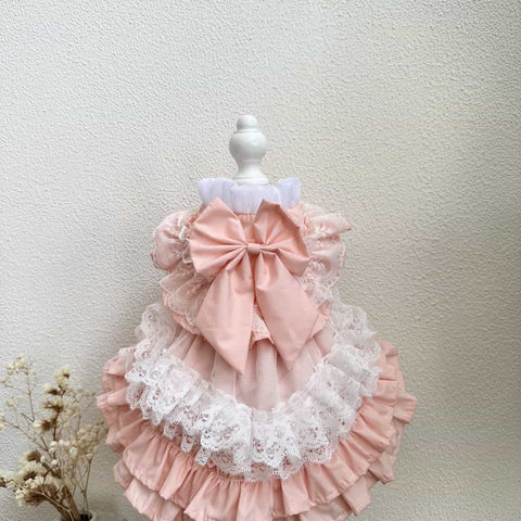 Customizable Sweet Pet Dress in Soft Pink with Lace Ruffles and a Large Bow