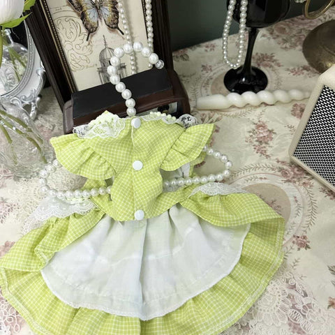 Customizable Green Gingham Pet Dress with Lace Trim and Bow Details