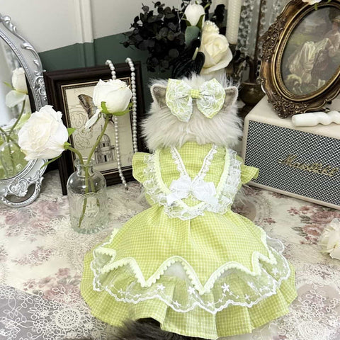 Customizable Green Gingham Pet Dress with Lace Trim and Bow Details