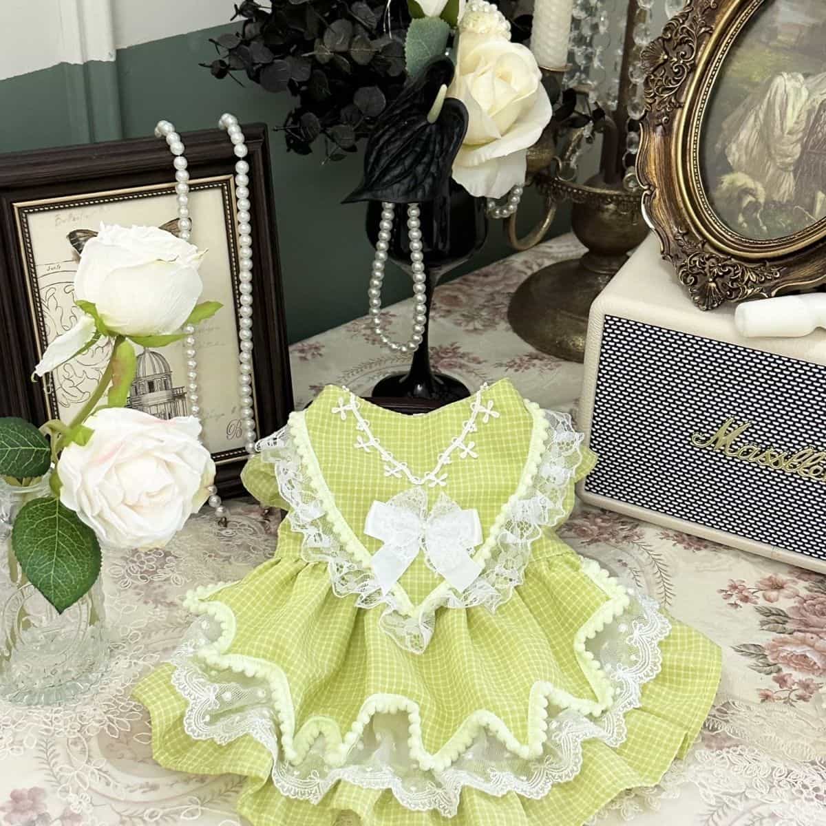 Customizable Green Gingham Pet Dress with Lace Trim and Bow Details