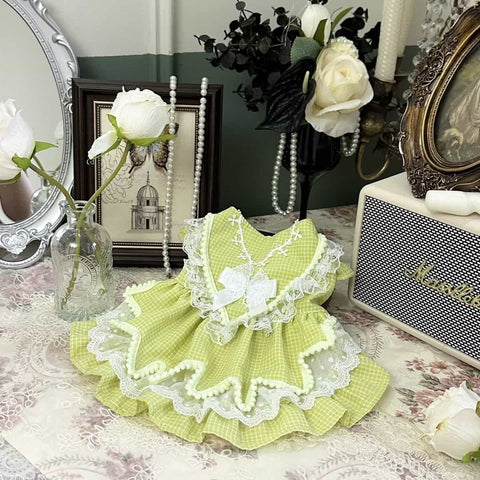 Customizable Green Gingham Pet Dress with Lace Trim and Bow Details