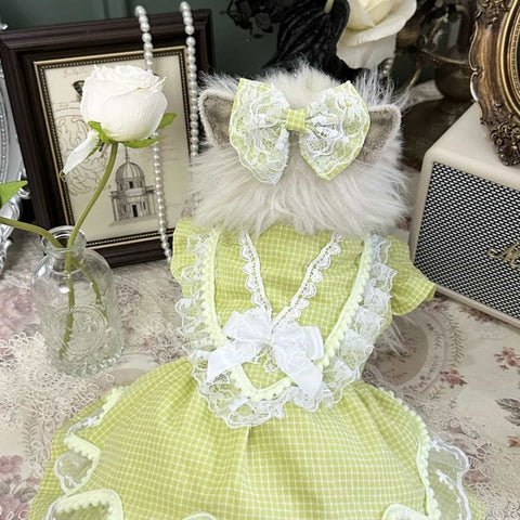 Customizable Green Gingham Pet Dress with Lace Trim and Bow Details