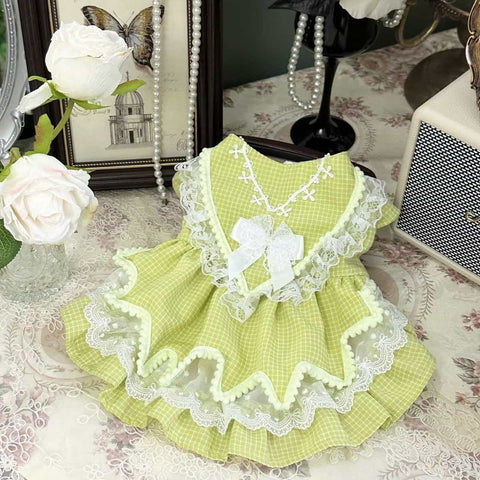 Customizable Green Gingham Pet Dress with Lace Trim and Bow Details