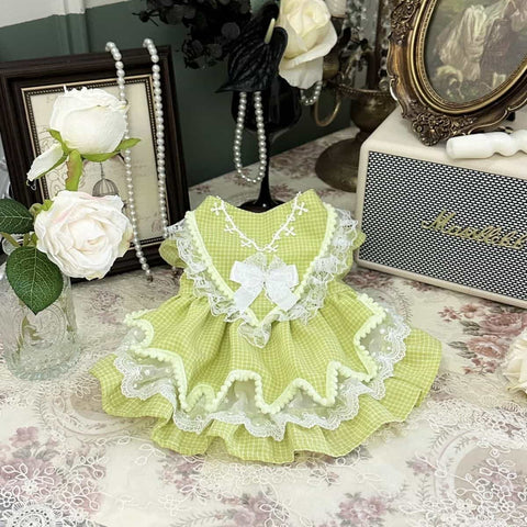 Customizable Green Gingham Pet Dress with Lace Trim and Bow Details