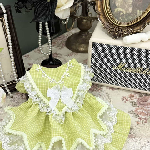 Customizable Green Gingham Pet Dress with Lace Trim and Bow Details