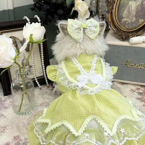 Customizable Green Gingham Pet Dress with Lace Trim and Bow Details