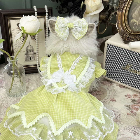 Customizable Green Gingham Pet Dress with Lace Trim and Bow Details