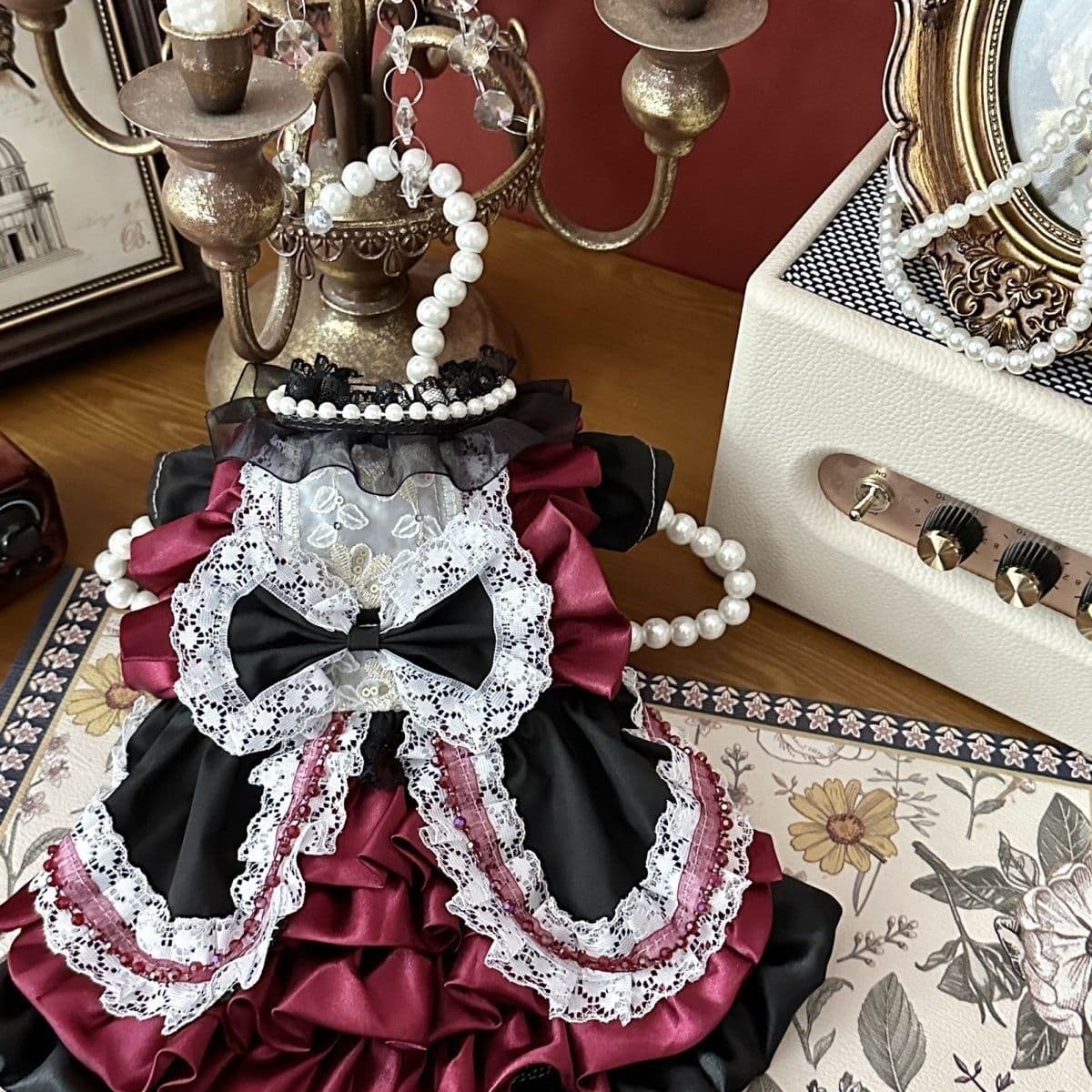 Customizable Black and Burgundy Pet Dress with Lace and Bow Accents