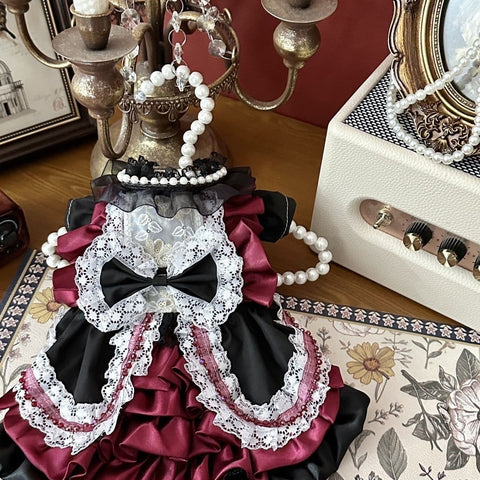 Customizable Black and Burgundy Pet Dress with Lace and Bow Accents