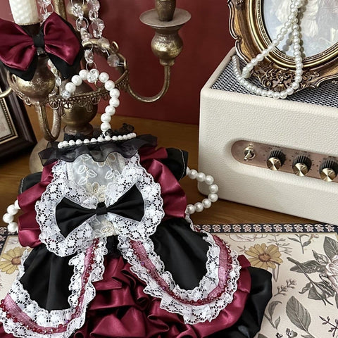 Customizable Black and Burgundy Pet Dress with Lace and Bow Accents