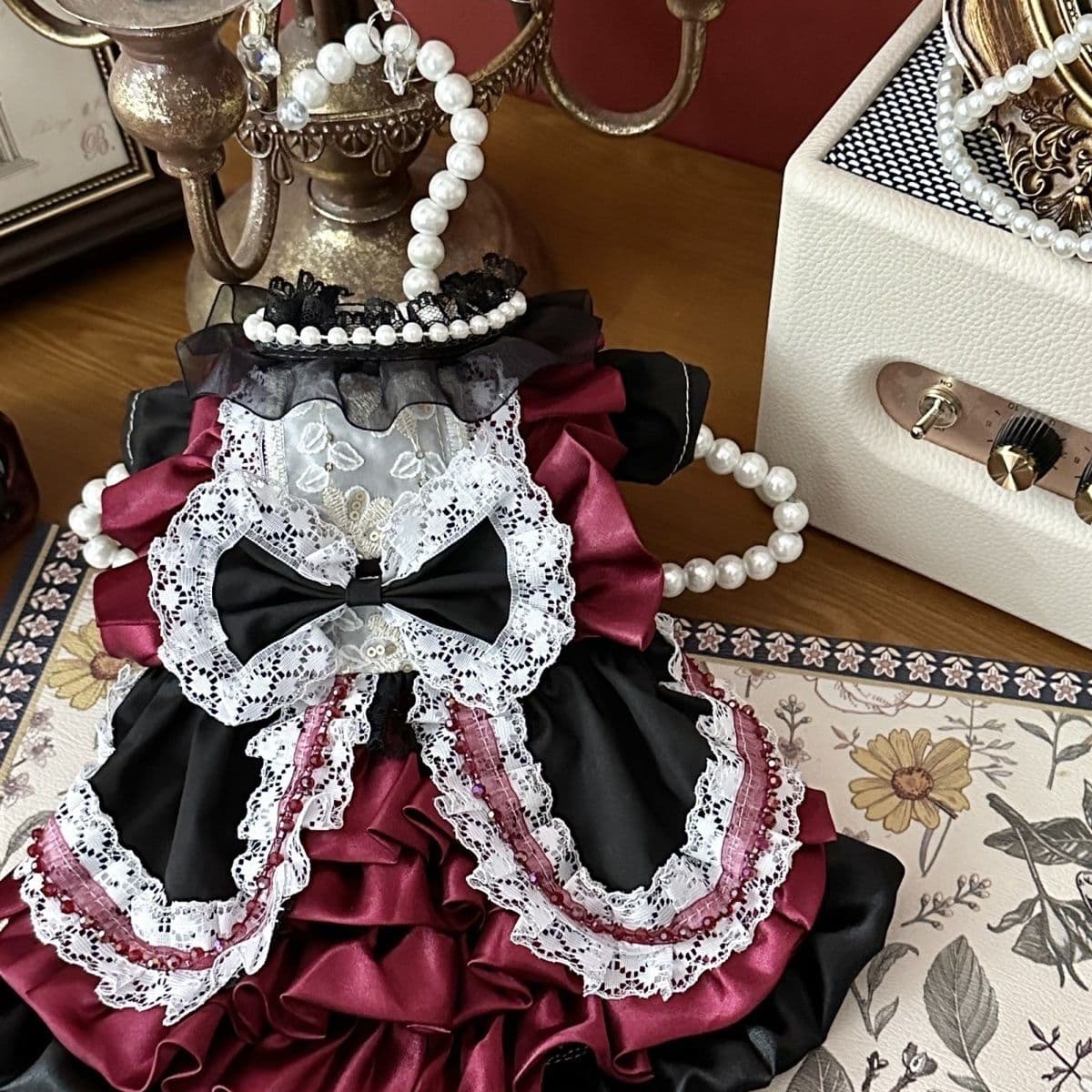 Customizable Black and Burgundy Pet Dress with Lace and Bow Accents
