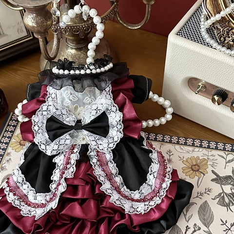Customizable Black and Burgundy Pet Dress with Lace and Bow Accents