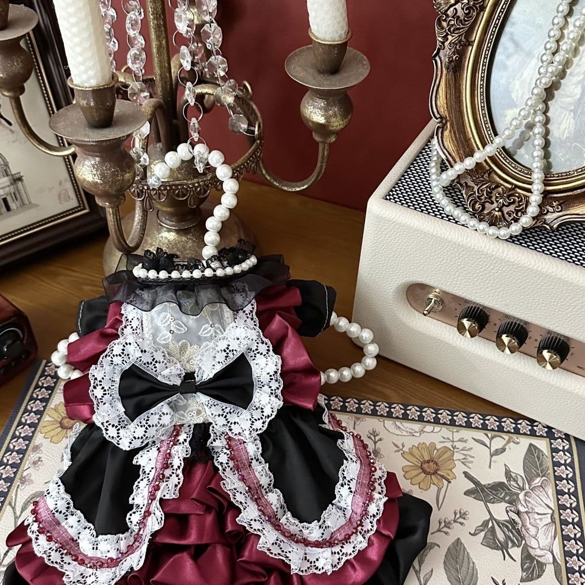 Customizable Black and Burgundy Pet Dress with Lace and Bow Accents