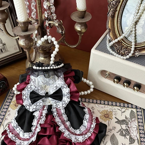 Customizable Black and Burgundy Pet Dress with Lace and Bow Accents