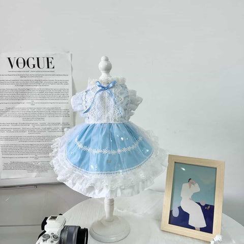Customizable Light Blue Pet Dress with Sequin Accents and Lace Trim