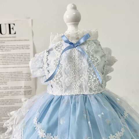 Customizable Light Blue Pet Dress with Sequin Accents and Lace Trim