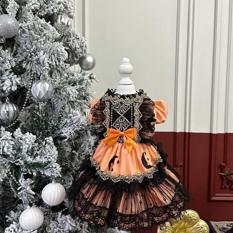 Customizable Spooky Pet Dress in Pumpkin Orange with Black Lace and Ghost Accents