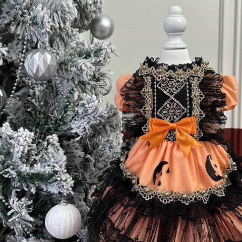 Customizable Spooky Pet Dress in Pumpkin Orange with Black Lace and Ghost Accents