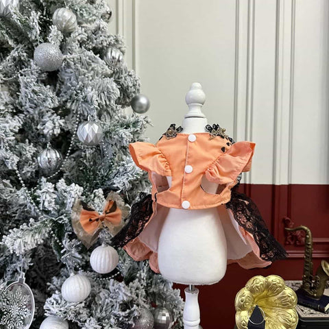 Customizable Spooky Pet Dress in Pumpkin Orange with Black Lace and Ghost Accents