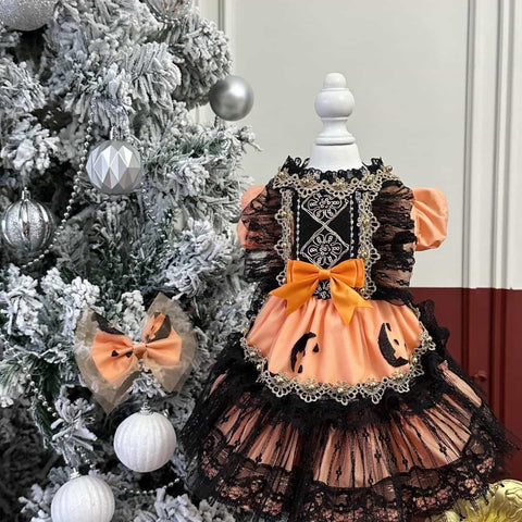 Customizable Spooky Pet Dress in Pumpkin Orange with Black Lace and Ghost Accents