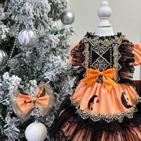 Customizable Spooky Pet Dress in Pumpkin Orange with Black Lace and Ghost Accents