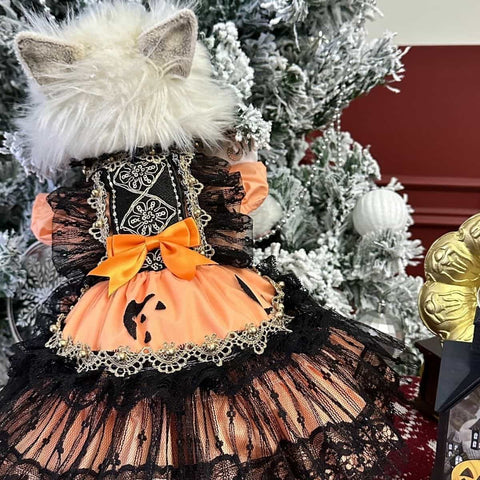 Customizable Spooky Pet Dress in Pumpkin Orange with Black Lace and Ghost Accents