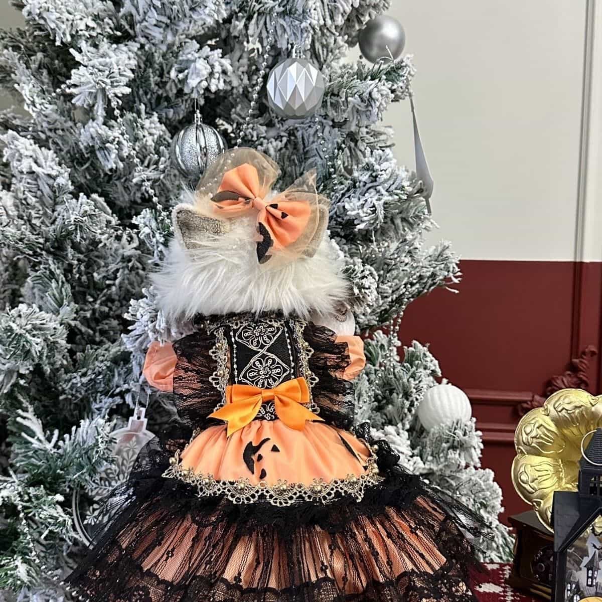 Customizable Spooky Pet Dress in Pumpkin Orange with Black Lace and Ghost Accents