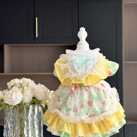 Customizable Bright Floral Pet Dress with Ruffle and Bow Accent