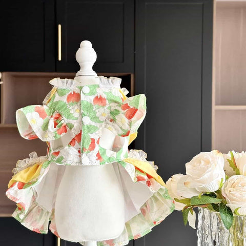 Customizable Bright Floral Pet Dress with Ruffle and Bow Accent