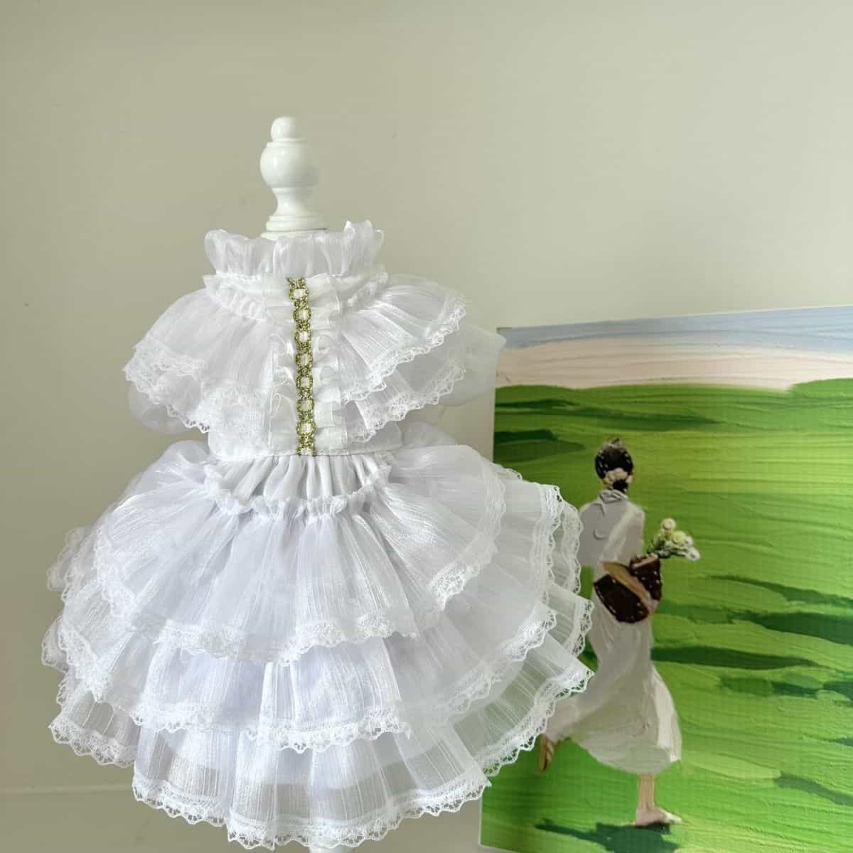 Customizable Elegant Pet Dress in Classic White with Ruffled Layers and Pearl Accents