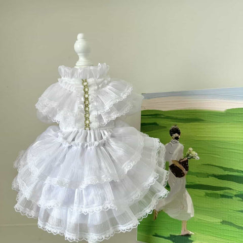 Customizable Elegant Pet Dress in Classic White with Ruffled Layers and Pearl Accents
