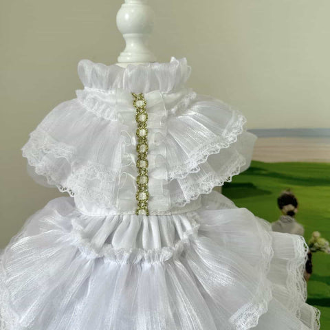 Customizable Elegant Pet Dress in Classic White with Ruffled Layers and Pearl Accents