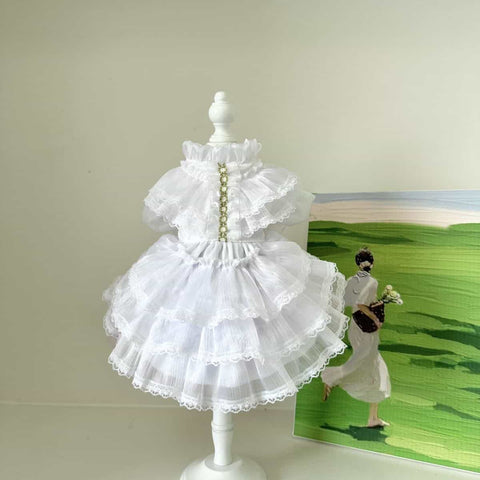 Customizable Elegant Pet Dress in Classic White with Ruffled Layers and Pearl Accents