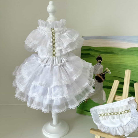 Customizable Elegant Pet Dress in Classic White with Ruffled Layers and Pearl Accents
