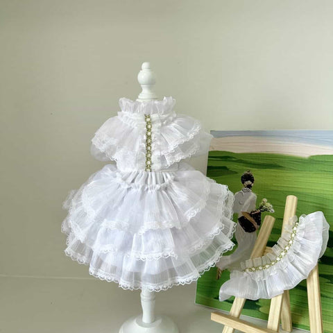 Customizable Elegant Pet Dress in Classic White with Ruffled Layers and Pearl Accents