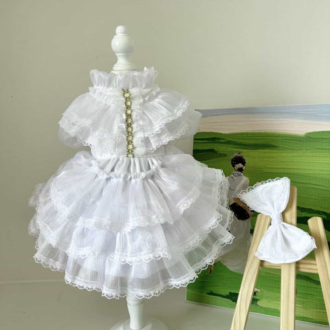 Customizable Elegant Pet Dress in Classic White with Ruffled Layers and Pearl Accents