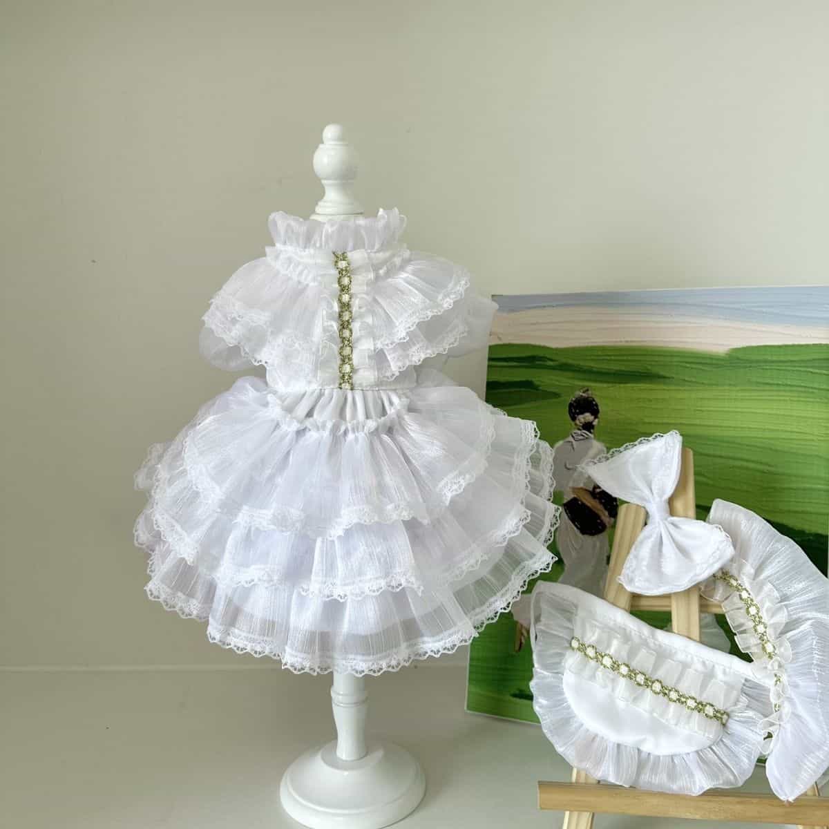 Customizable Elegant Pet Dress in Classic White with Ruffled Layers and Pearl Accents