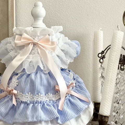 Personalisierbares blau gestreiftes Haustierkleid – mit Rüschen & Banddetails