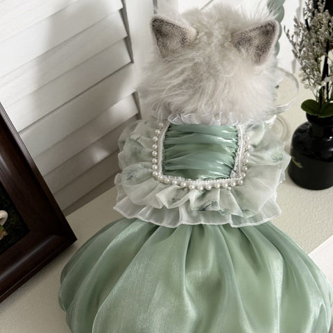 Customizable Mint Green Pet Dress with Ruffled Collar and Pearl Accents