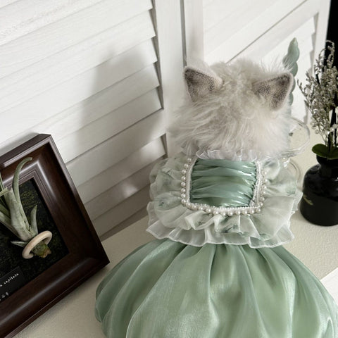 Customizable Mint Green Pet Dress with Ruffled Collar and Pearl Accents