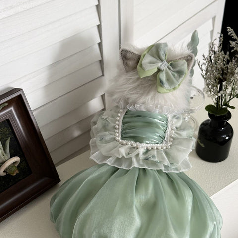 Customizable Mint Green Pet Dress with Ruffled Collar and Pearl Accents