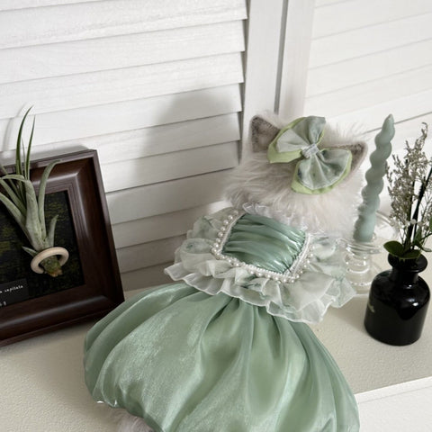 Customizable Mint Green Pet Dress with Ruffled Collar and Pearl Accents