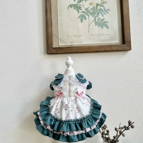 Customizable Charming Pet Dress in White with Floral Print and Teal Accents