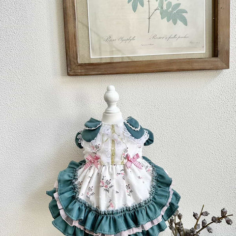 Customizable Charming Pet Dress in White with Floral Print and Teal Accents